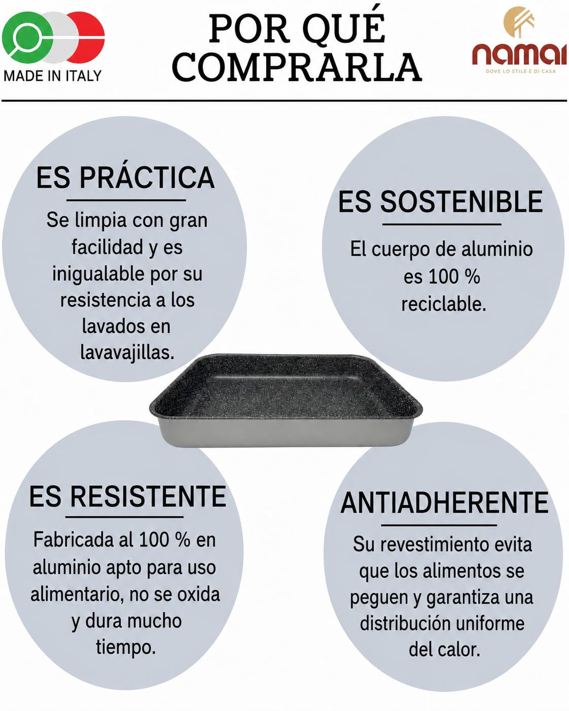 NAMAI - Juego de 3 Bandejas Horno Rectangular, Antiadherente, Apto Para Lavavajillas, Aluminio No Tóxico, Made In Italy, Bandejas De Horno (Set Tris 35 cm, 30 cm, 25 cm)