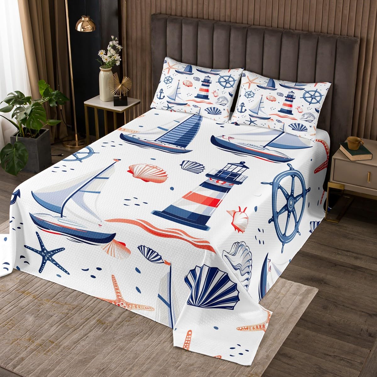 Homemissing Lighthouse Coverlet Set Anchor Anchor Quilted Bedspread for Kids Boys Girls Boat Rudder Quilted Bedspread Sailing Boat Quilted Bedroom Collection 3Pcs Double — image 1