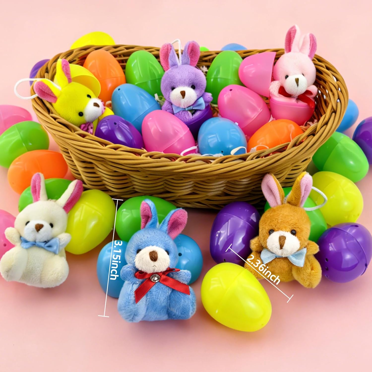 Abakuku 12 Pcs Prefilled Easter Eggs Plush Toy, 2.35in Bright Colorful Eggs Prefilled with Variety Plush Bunnies Easter Basket Stuffers Party Favors Gift Bags