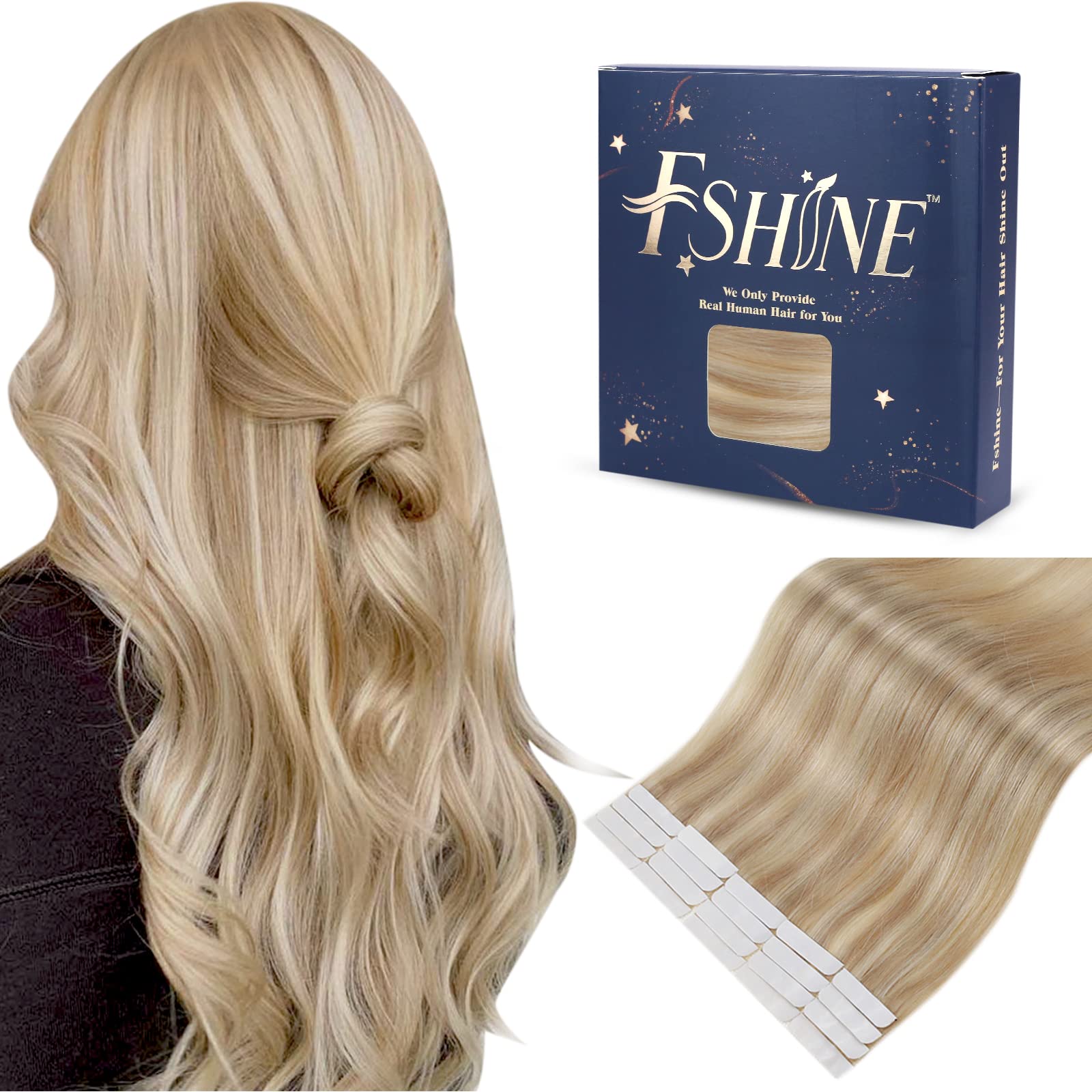 Fshine Remy Hair Extensions Human Hair Tape in Honey Blonde Highlighted Golden Blonde Natural Hair Extensions Tape in Straight Tape in Hair Extensions Human Hair 14 Inch 20pcs 50g