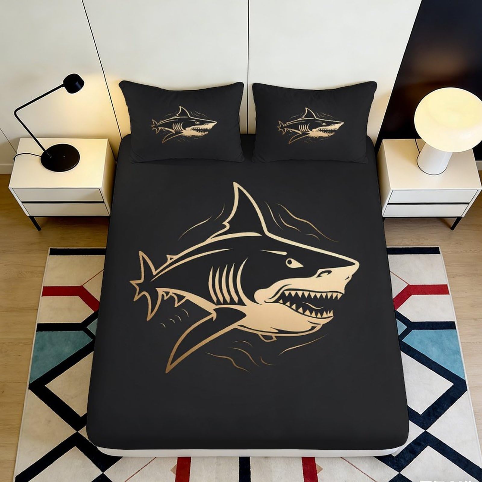 3D Printed Shark Graphic Fitted Sheet Microfiber Black Ocean Predator Bed Cover for Bedroom Guest Room Dorm 160x200x25cm