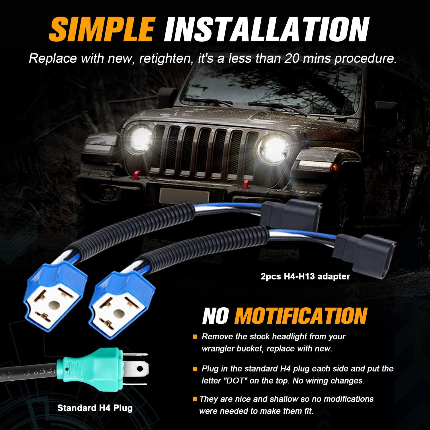 Image showing the simple installation process of the LED headlights with H4-H13 adapters.