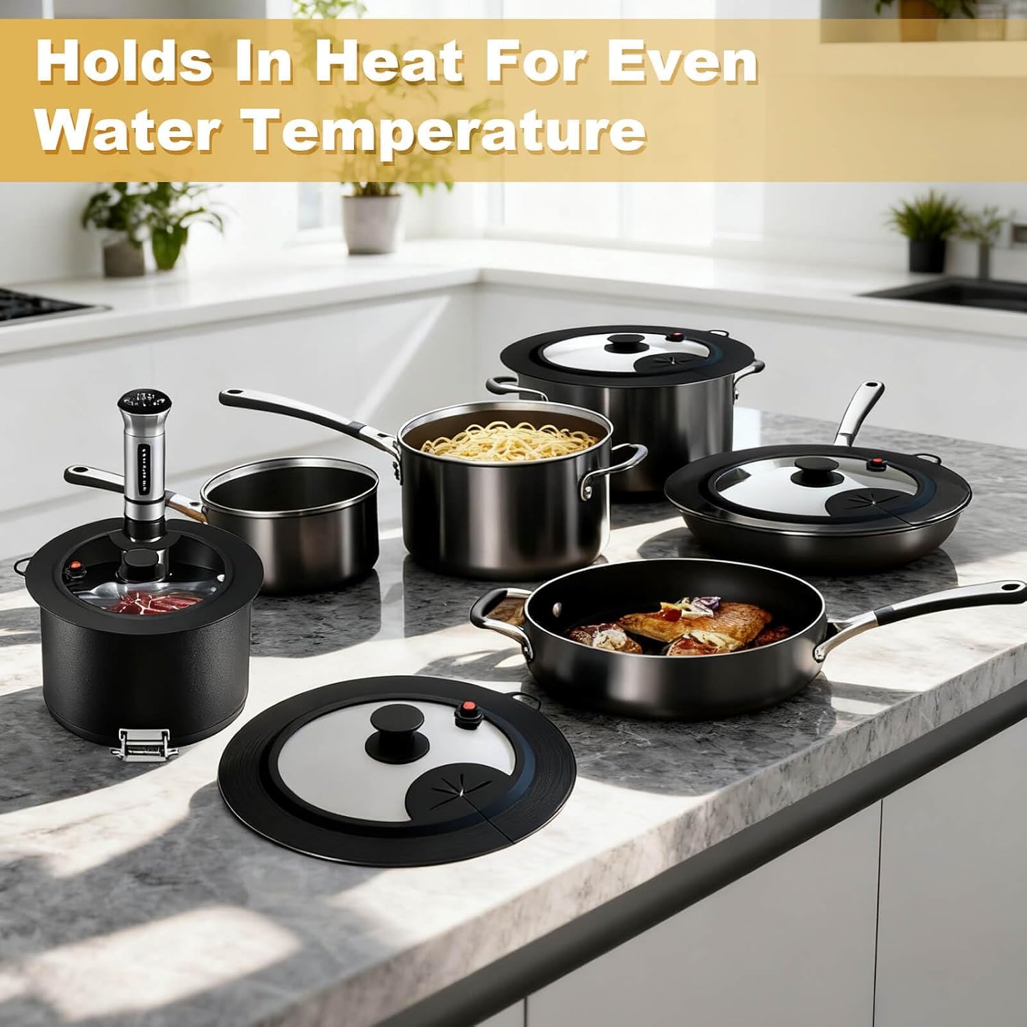 Sous Vide Precision Cooker Silicone Lids, With Unique Enlarged Heat Resistant Silicone Rim and Tempered Glas, Compatible with Anova/Inkbird Culinary Sous Vide Precision Cookers, Fits 9-11 in BPA Free