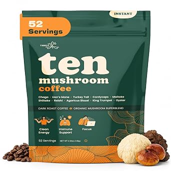 Ten Mushroom Coffee- Instant Dark Roast Coffee with 10 Organic Functional Mushrooms Lions Mane, Chaga, Cordyceps, Reishi & More- Mushroom Coffee Powder, Vegan, Keto Friendly, Non-GMO- 52 Servings Pack of 1