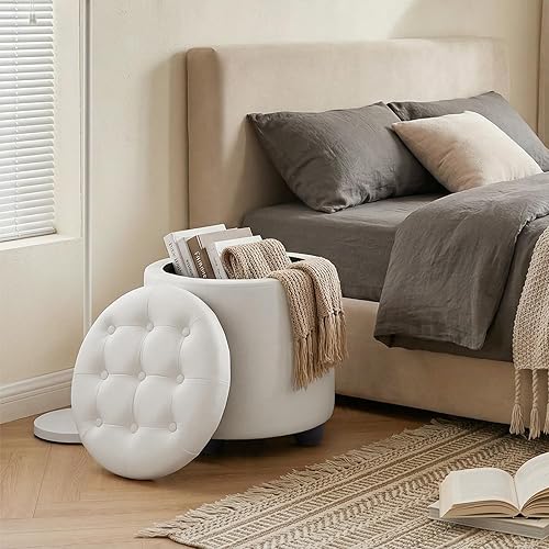 Miniatura 9 de Furniliving Otomana Redonda Tapizada con Botones Acolchados, Otomana Redonda de Almacenamiento de PU, Tapa Removible Reposapiés Convenientes,