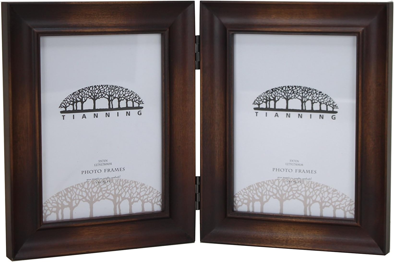tianning 5x7 Inch Hinged Picture Frame， Two 5x7 Inch Pictures, Stands Vertically on Desktop or Table Top， Double App 5 * 7 Wooden Photo Frame Picture Frame (Reddish Brown)