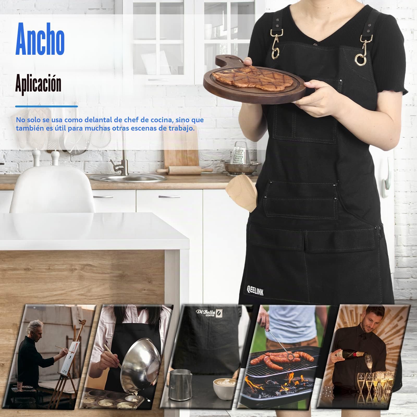 QeeLink Delantal Cocina Hombre y Mujer Profesional, Delantal Barbacoa con 10 Bolsillos, Mandiles de Cocina Ajustable de M a XXXL, Negro
