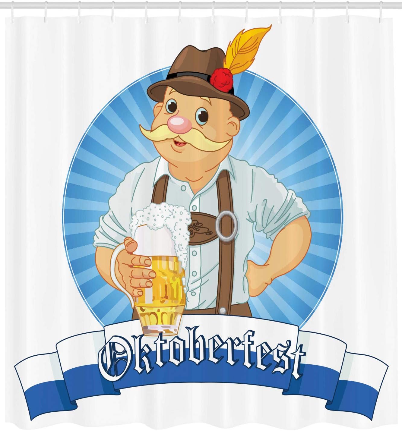 Ambesonne Oktoberfest Shower Curtain, Oktoberfest Bavarian Design and Man Holding Beer Mug Cartoon on Stripes, Cloth Fabric Bathroom Decor Set with Hooks, 69" W x 84" L, Orange White Blue