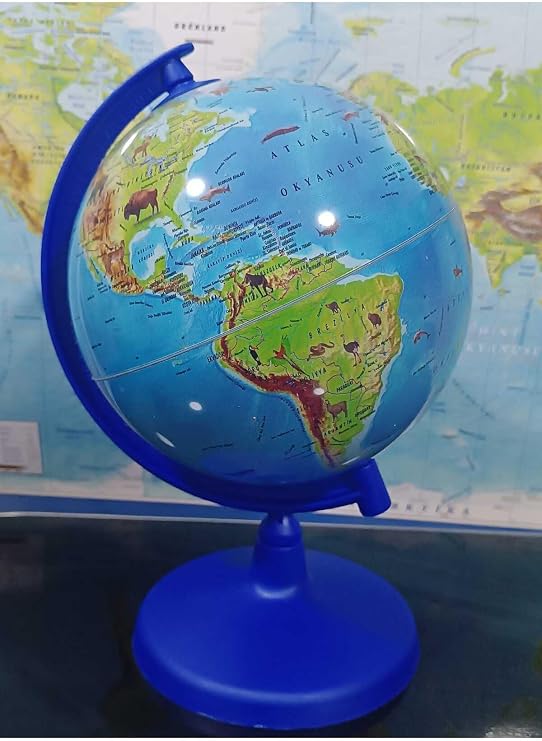 Dünya Küresi Işıksız Hayvan Figürlü 20 Cm Çap,31 Cm Yükseklik Eğitici Dekoratif Yer Küre Atlas, Mavi