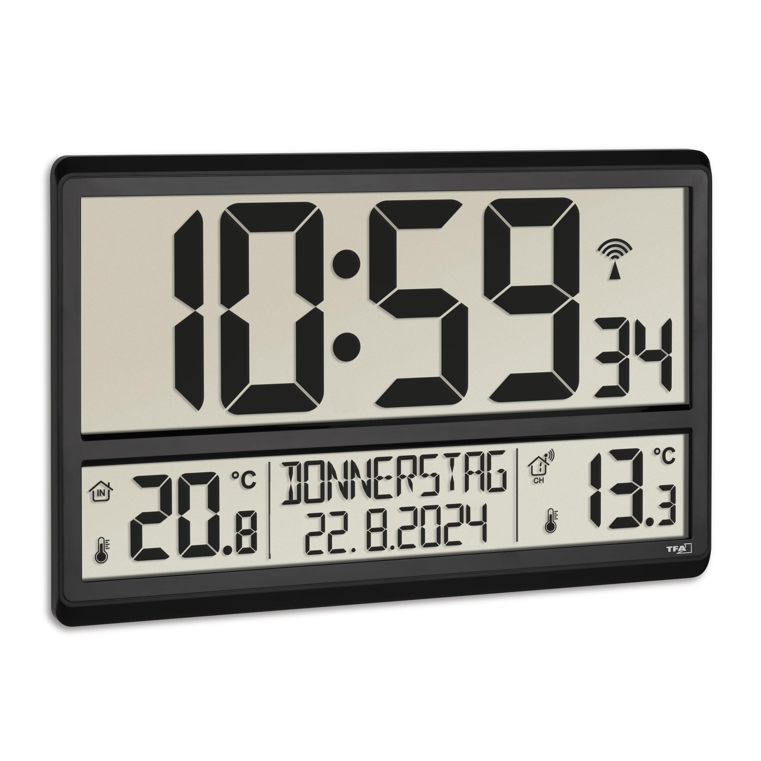 TFA Dostmann Orologio Radiocontrollato da Parete, Digitale XL, 60.4521.01, Temperatura Esterna e Interna, con sensore esterno, Giorni Settimana, 8 Lingue, Grande, Nero 360 x 235 x 28, 84