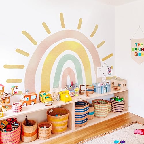 Miniatura 5 de Calcomanías de pared de acuarela de tela grande, estilo bohemio, medio sol, despegar y pegar, calcomanías murales de pared de arco iris, decoración