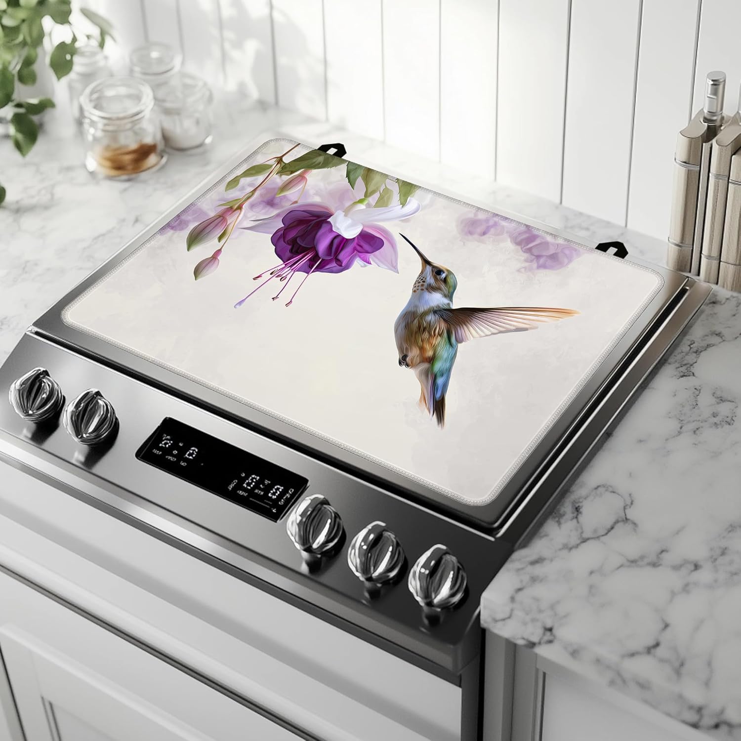 Stove Top Covers for Electric Stove,Hummingbird Purple Flower Floral Heat Resistant Glass Cooktop Cover Protector for Kitchen Ceramic Countertop Dish Drying Mats 28.5×20.5 in