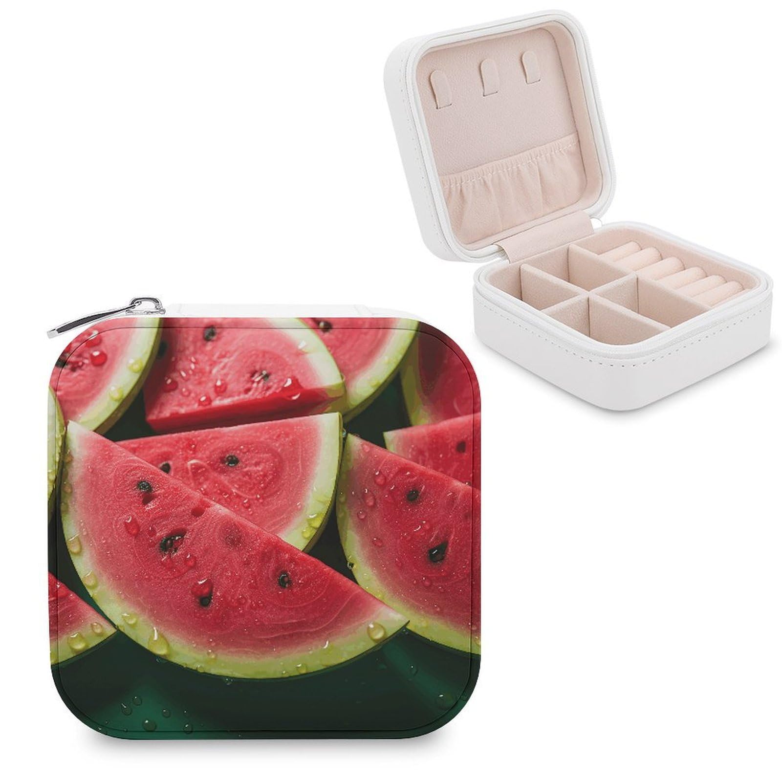 VstaDank Watermelon Beautiful Travel Jewelry Case Zipper Portable Small Jewelry Box Custom Pu Leather Mini Traveling Jewelry Organizer for Rings Earrings Necklace Bracelet Girls Women