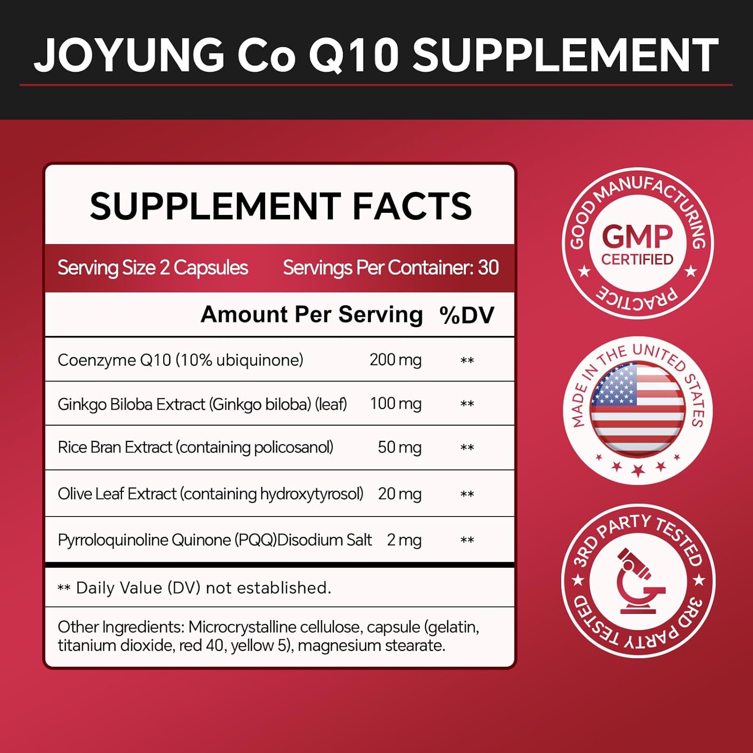Joyung CoQ10 200mg with PQQ & Policosanol Supplement - High Potency Ubiquinone for Heart Health & Cholesterol Support - Energy Booster with Ginkgo Biloba, Rice Bran & Olive Leaf - 60 Capsules