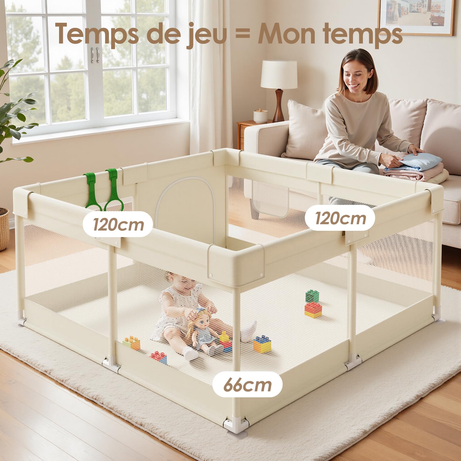 Beige Parc Bebe 120 × 120cm - Petit Parc Enfan Parc de Jeux Bébé | Parc Bebe Maille Respirante，pour Appartements Park, Facile à nettoyer Oxford, Maille Transparente Sans BPA