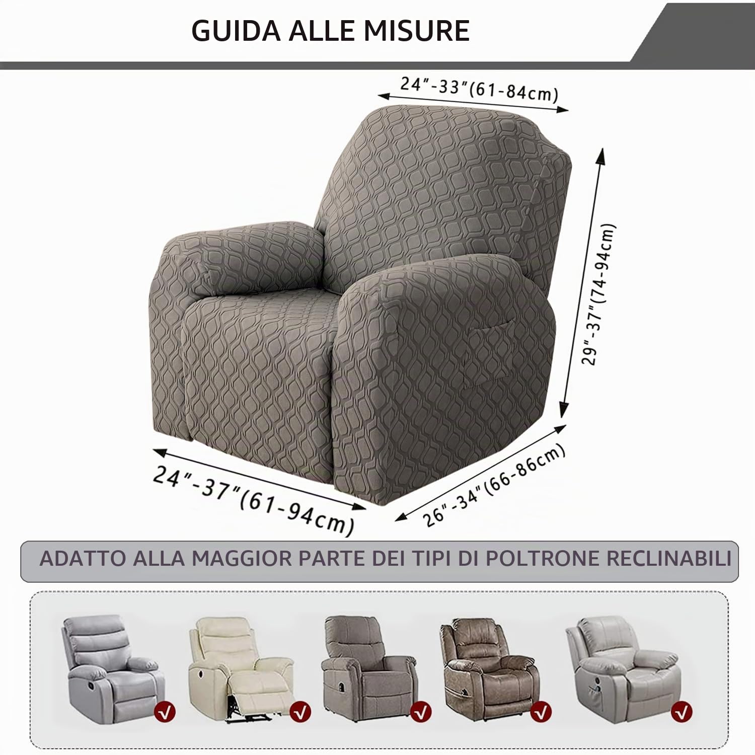 ele ELEOPTIOIN Copripoltrona Relax Reclinabile, fodera per divano 1 posto Copri Poltrona, 4 Pezzi jacquard con Tasche, per Poltrona reclinabile, Poltrona di Relax, Poltrona da Massaggio, Taupe