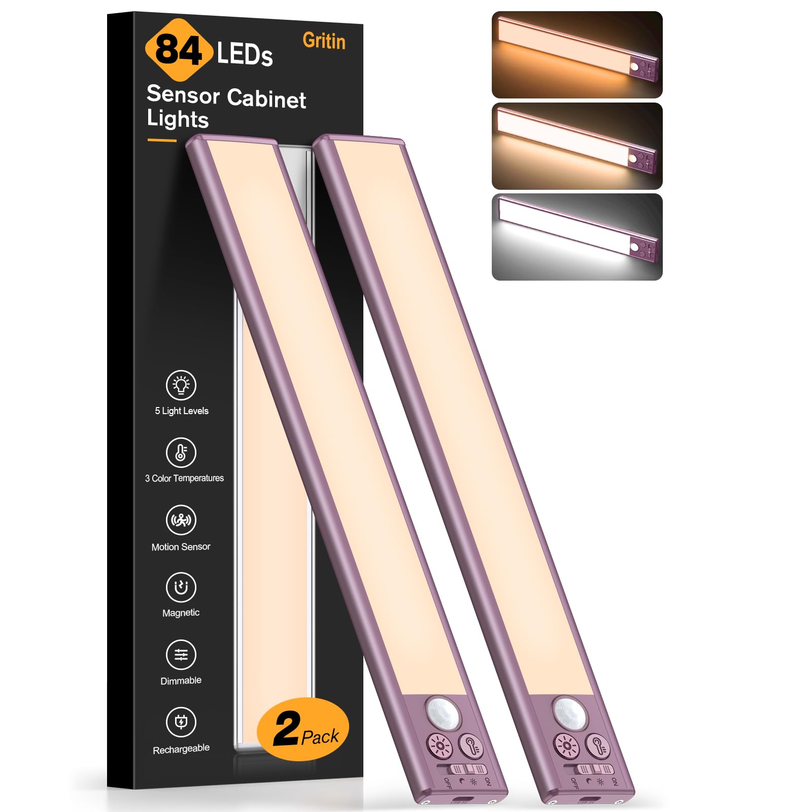 Gritin 10.2inch Under Cabinet Lighting Rechargeable 2 Pack- 3 Color Temps&5 Level Brightness, Super Bright, 4 Modes, Motion Sensor, Long Lasting -