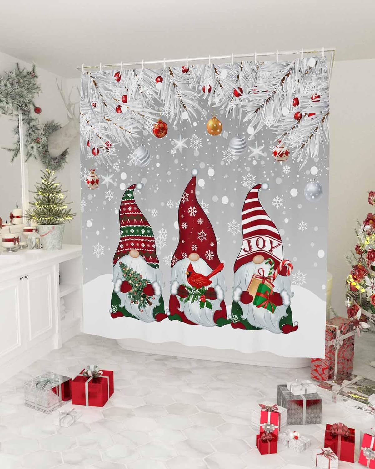 Christmas Gnome Shower Curtains for Bathroom Grey Fabric