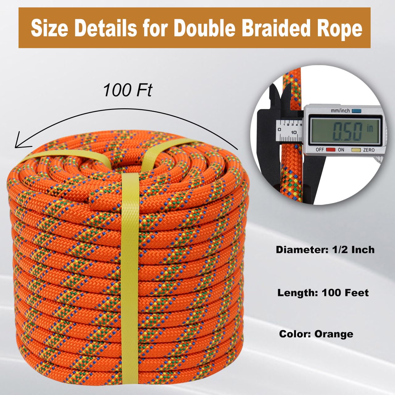 1/2 Inch X 100 Foot Arborist Tree Climbing Rope - 16 Strand Braided, FREE SHIPPING