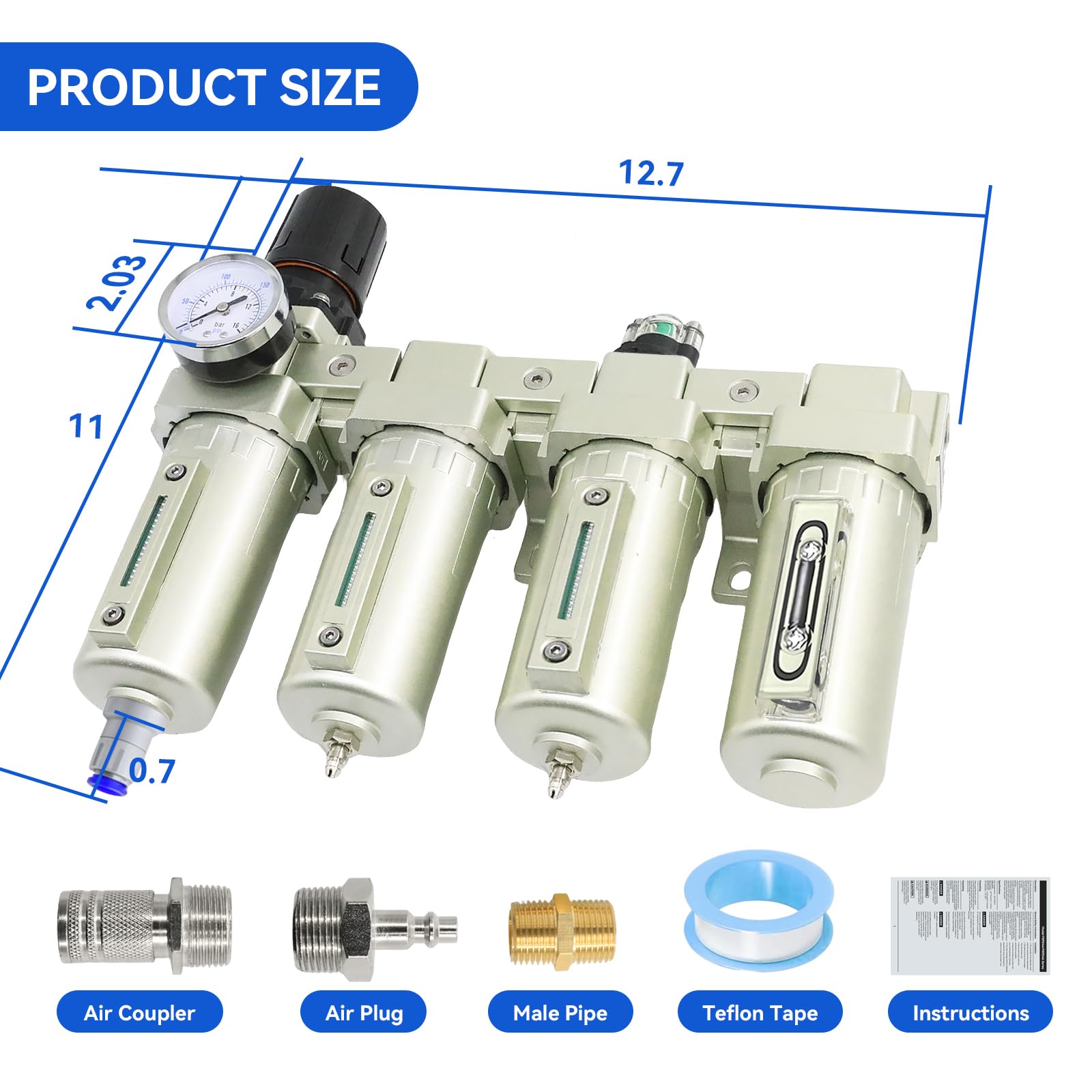 Secador de aire para compresor de 4 etapas NPT de grado industrial de 3/4 pulgadas, sistema separador de agua para cortador de plasma y spray de pintura, sistema de 3 filtros y 1 secadora, drenaje