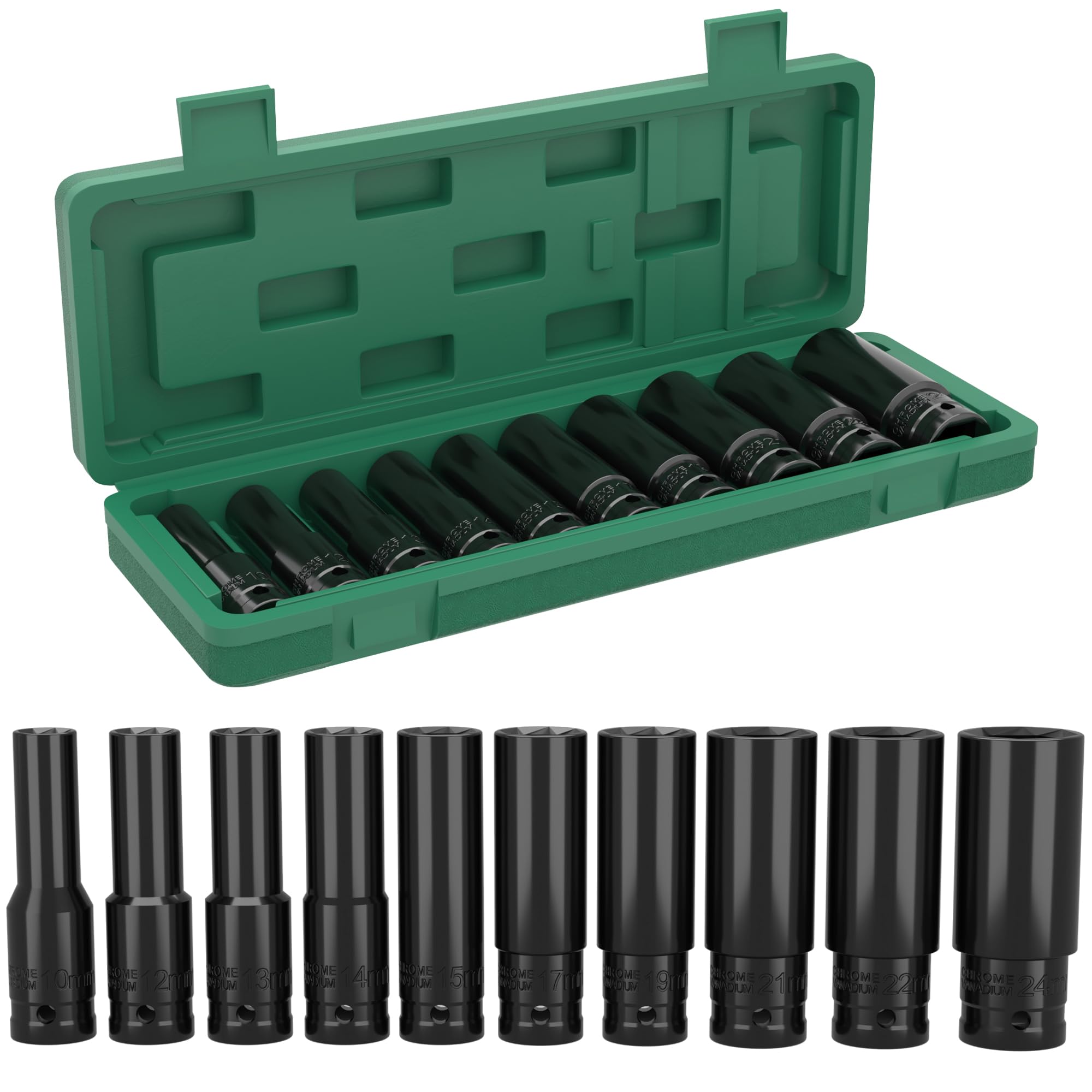 KeZaara 1/2" Impact Socket Set, 10 Piece Deep Sockets 10-24 mm, with Case