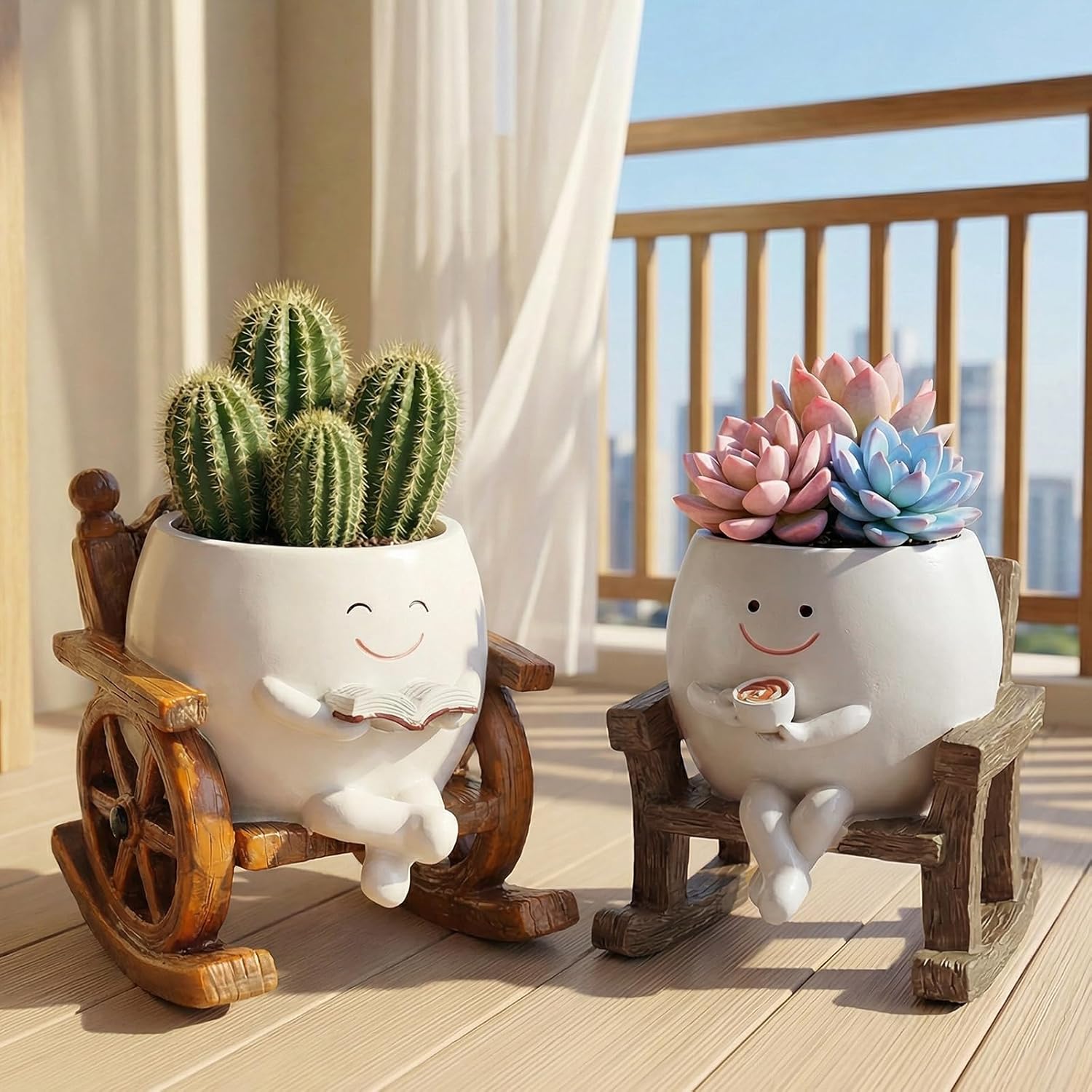 2 Pack Rocking Smily Face Planter Pot, Cute Plant Pots for Indoor Outdoor Plants with Drainage Hole, Unique Flower Succulent Pots Gift for Father Mother Birthday