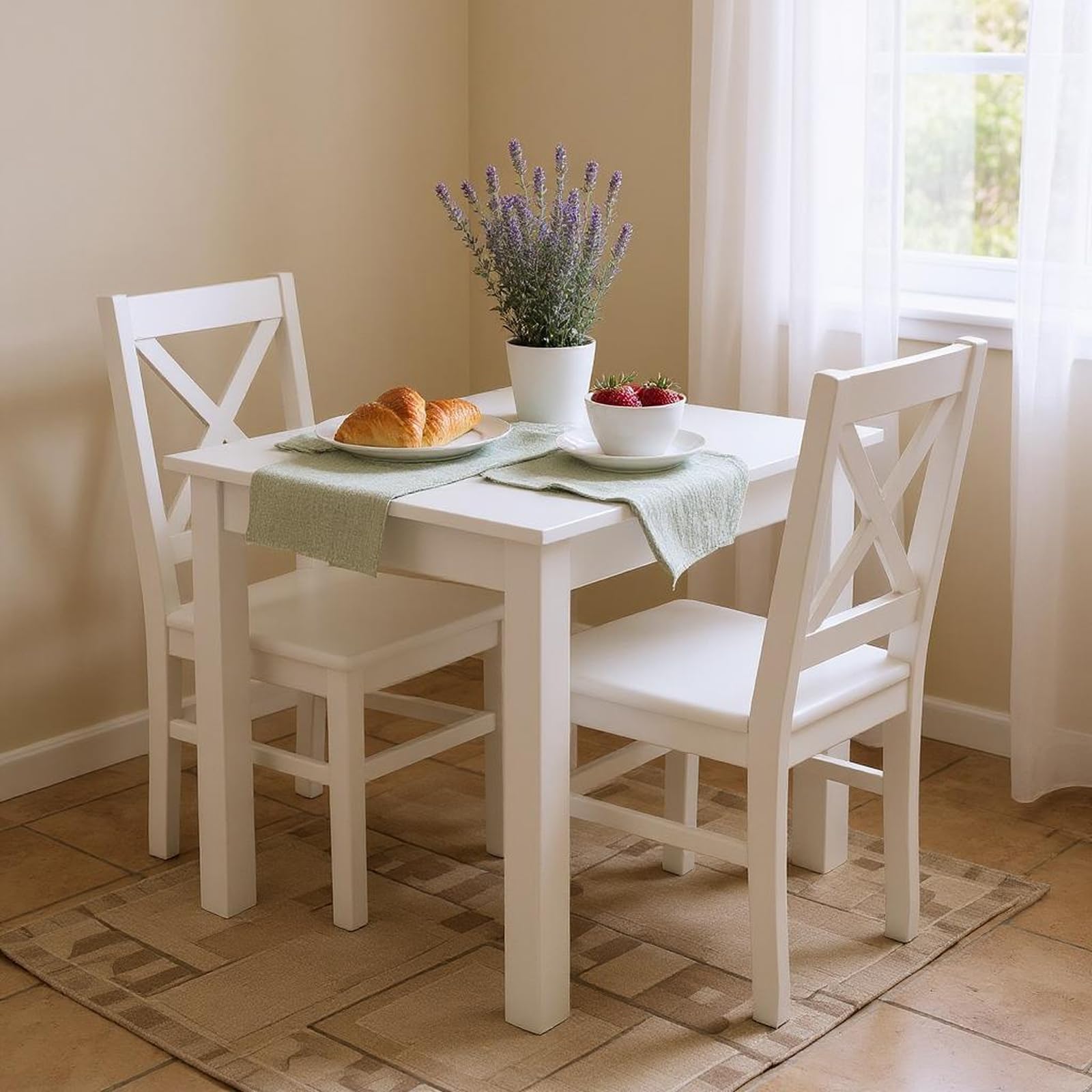 Tavolo da Pranzo in Legno 90x60 cm per 2 Persone - Tavolo Cucina Piccolo Stile Scandinavo - Pino - Piano Bianco