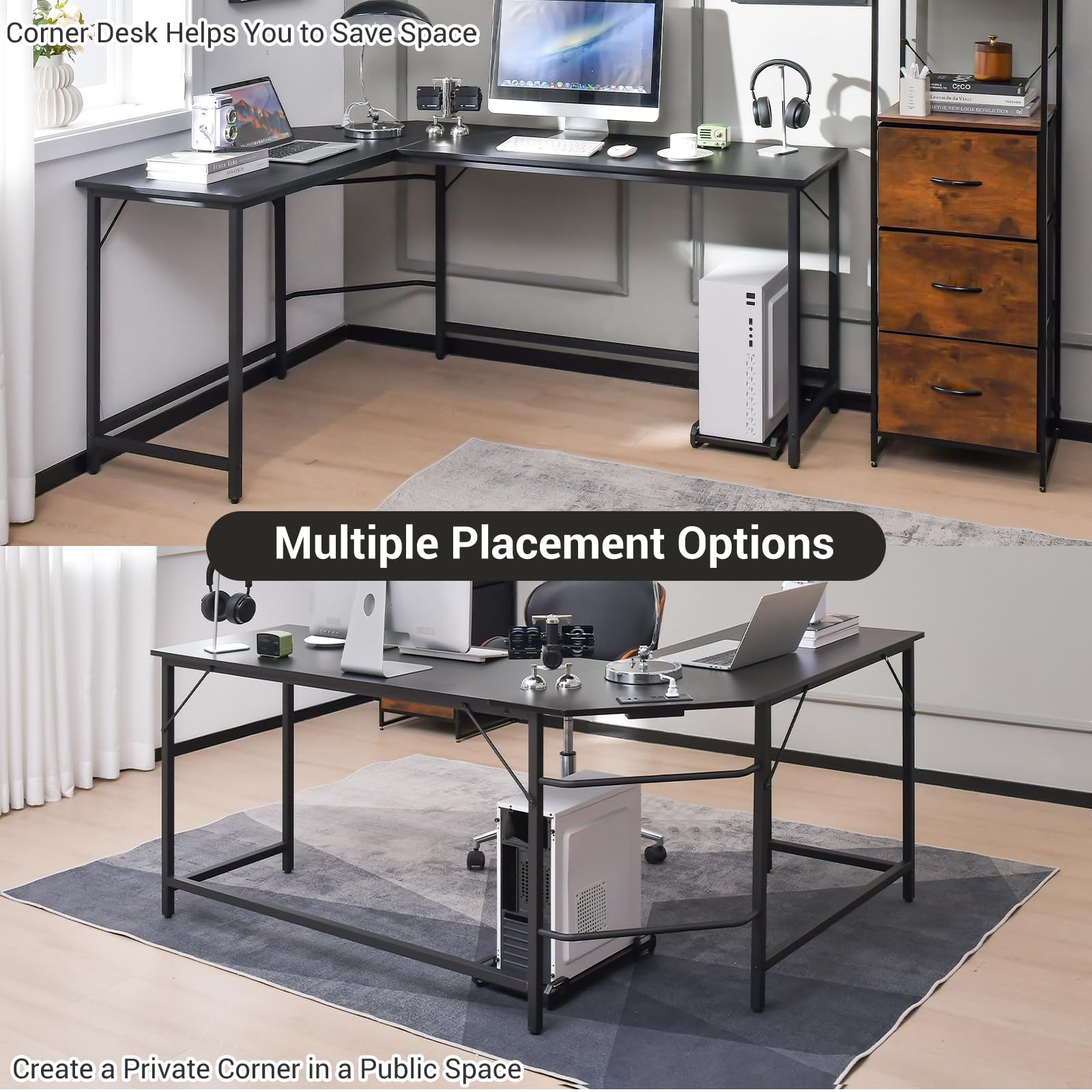 LIFEZEAL Scrivania Ufficio a Forma di L con Multipresa, Stazione di Ricarica, Scrivania Angolare, Porta 2-3 Computer, CPU, Postazione di Lavoro, Telaio in Metallo, Max 150kg, 168x125x74,5cm, Nero