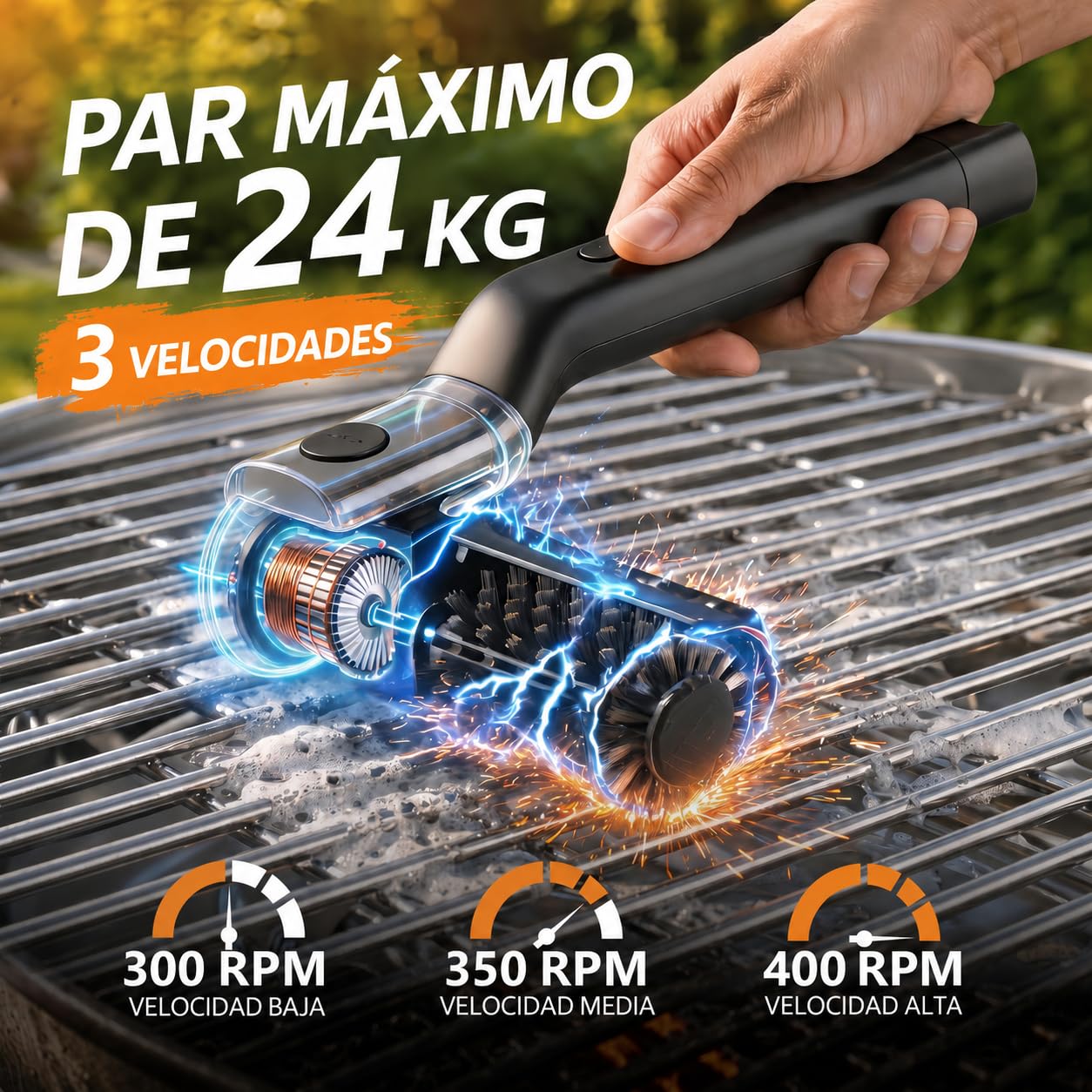 Cepillo eléctrico para Barbacoa y Parrilla, Limpiador de Parrilla eléctrico con Cabezal Ajustable 180°, 3 velocidades 300/350/400 RPM, batería USB-C 90 min, IPX6, cepillos Intercambiables