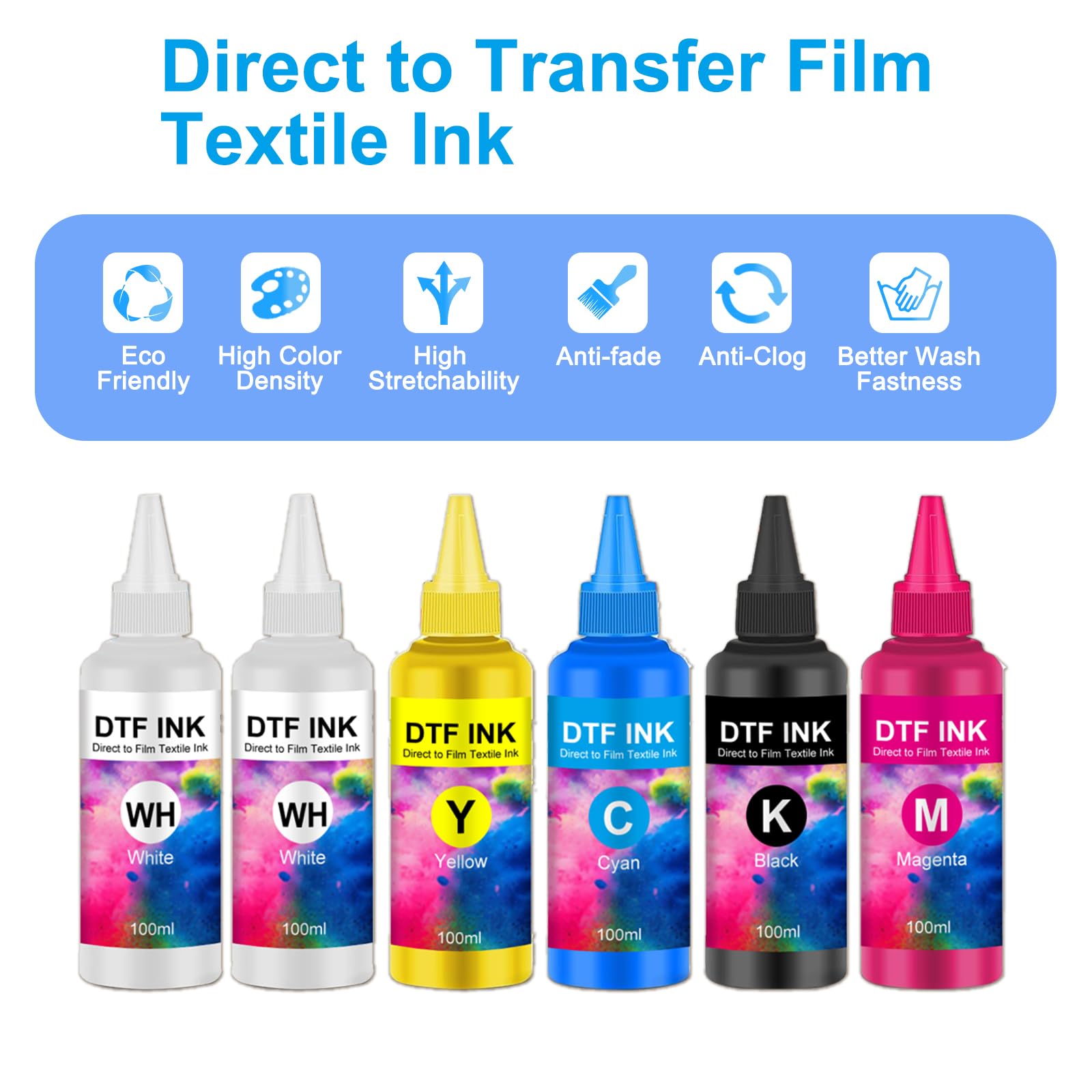 DTF Ink,DTF Encre 600ml pour DTF Film Compatible pour Epson ET-8550,ET-8500,ET-2850,XP-15000,XP600,DX7,DX5,R2400,R1390,L1800,L800,1430,1400,I3200 (100MLX 6,2WH/C/M/Y/K)