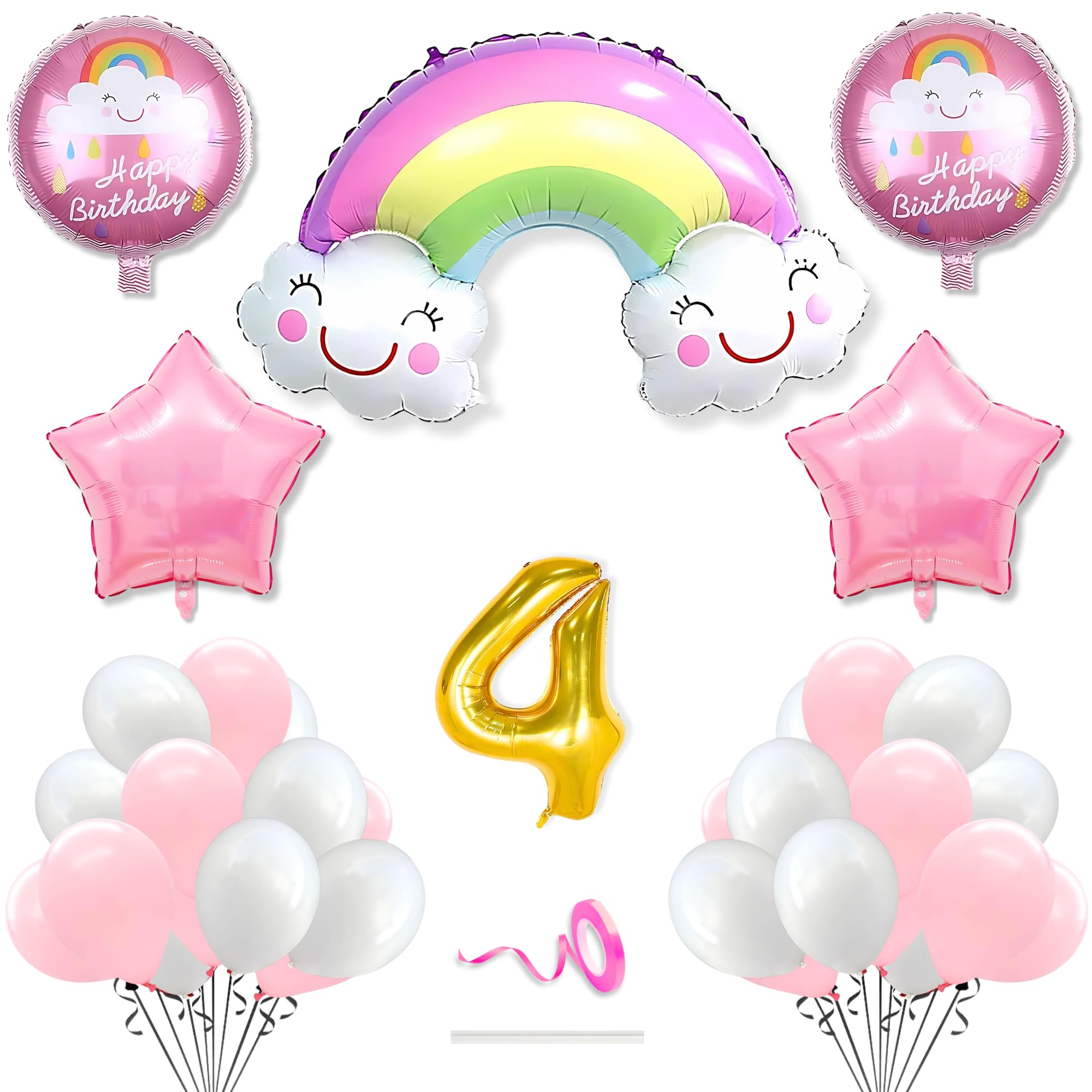 4th Rainbow Theme Decoration for Birthday Multicolour 4 year Baby Boys Girls Kids 5 Pcs Rainbow Balloons 30 Pcs Pastel Balloons Decoration Kit Set Items 2 Pcs Pink Star-image-9
