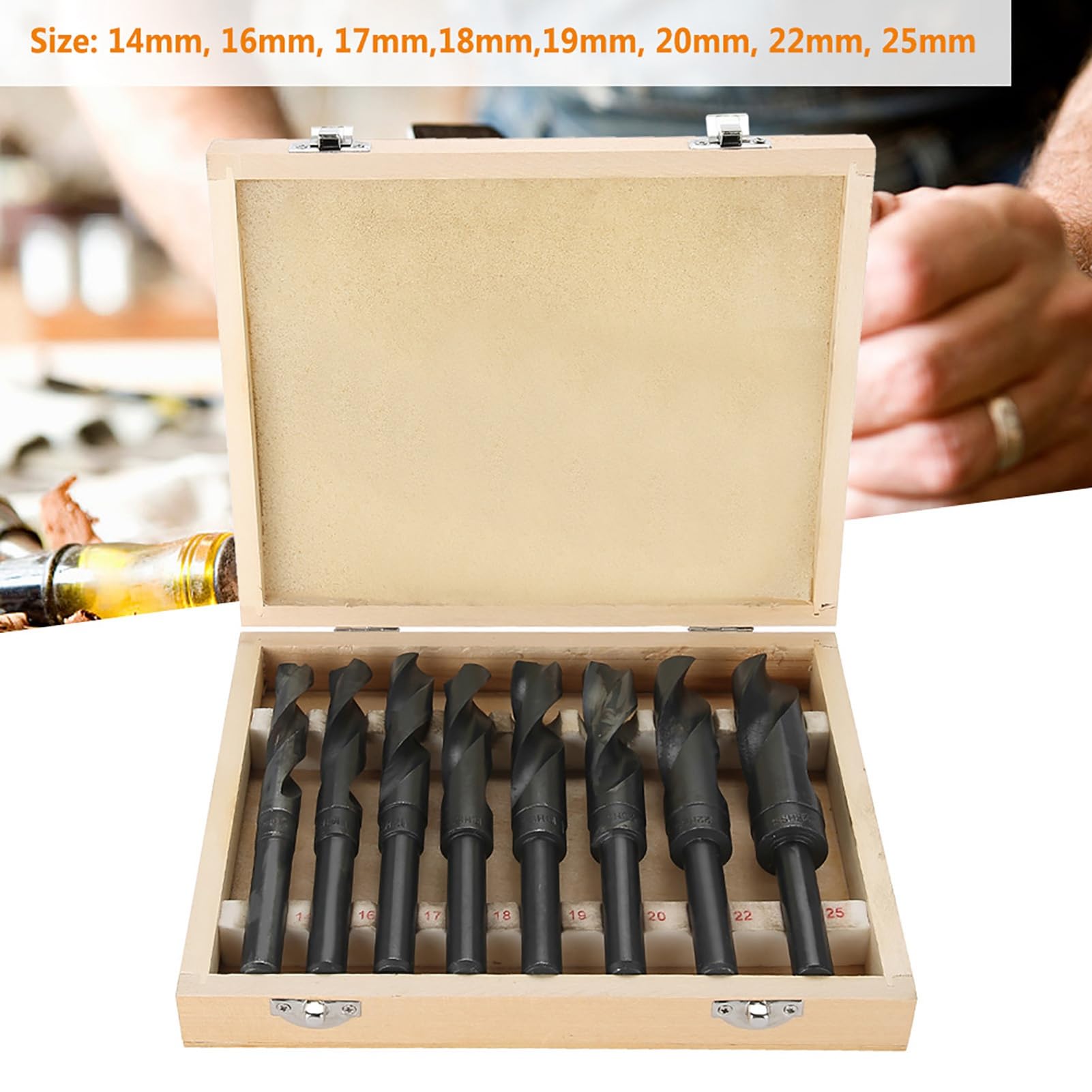 8 punte da trapano in acciaio per cuscinetti, set di punte elicoidali con codolo ridotto da 14 mm a 25 mm per foratura di metallo, legno e plastica con custodia in legno