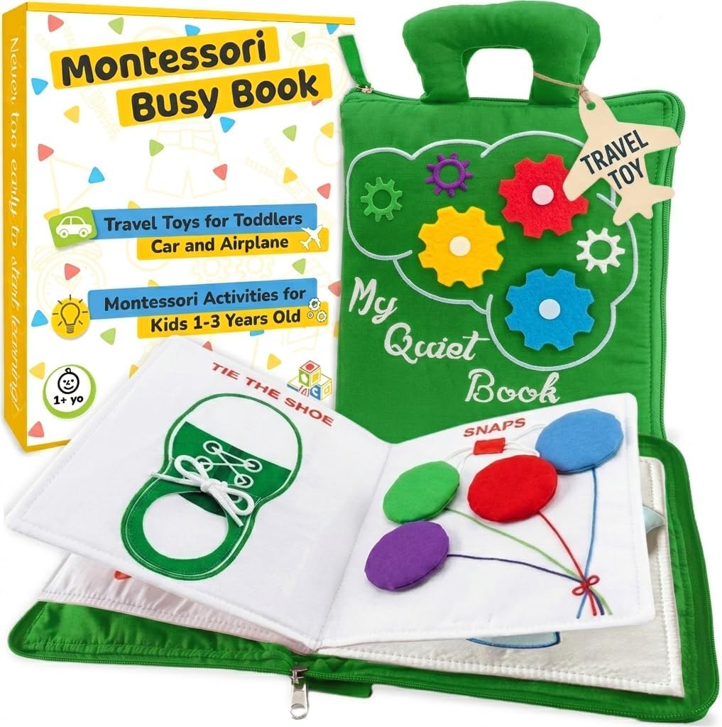 deMoca Plane Toys for Toddlers 1-3, Long Flight Must Haves, Quiet Busy Book for 1 Year Old, Travel Toys for Toddlers on Airplane, No Noise Activity Book, All Parts Attached, Gift for Girls & Boys
