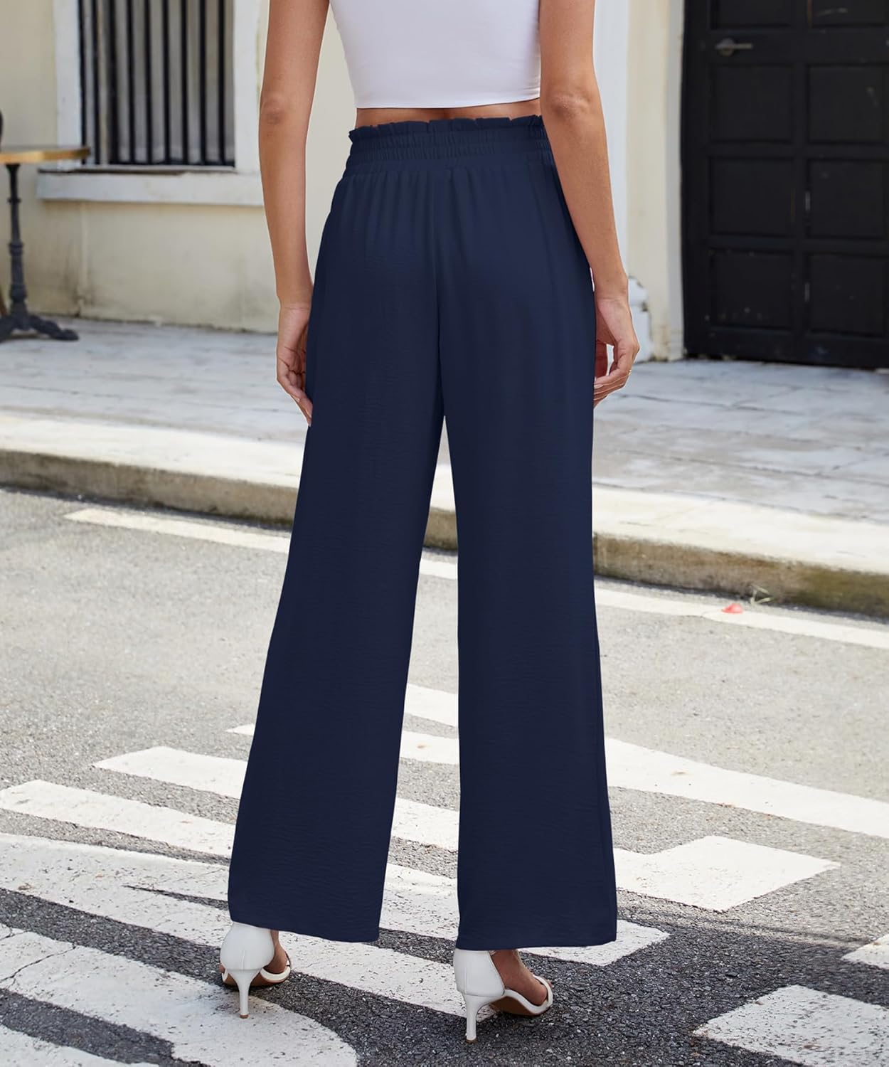 NILOUFO Women Summer Casual Wide Leg Pants High Waisted Elastic Tie Knot Boho Beach Trousers with Pockets(Navy Blue, X-Large) - Image 2