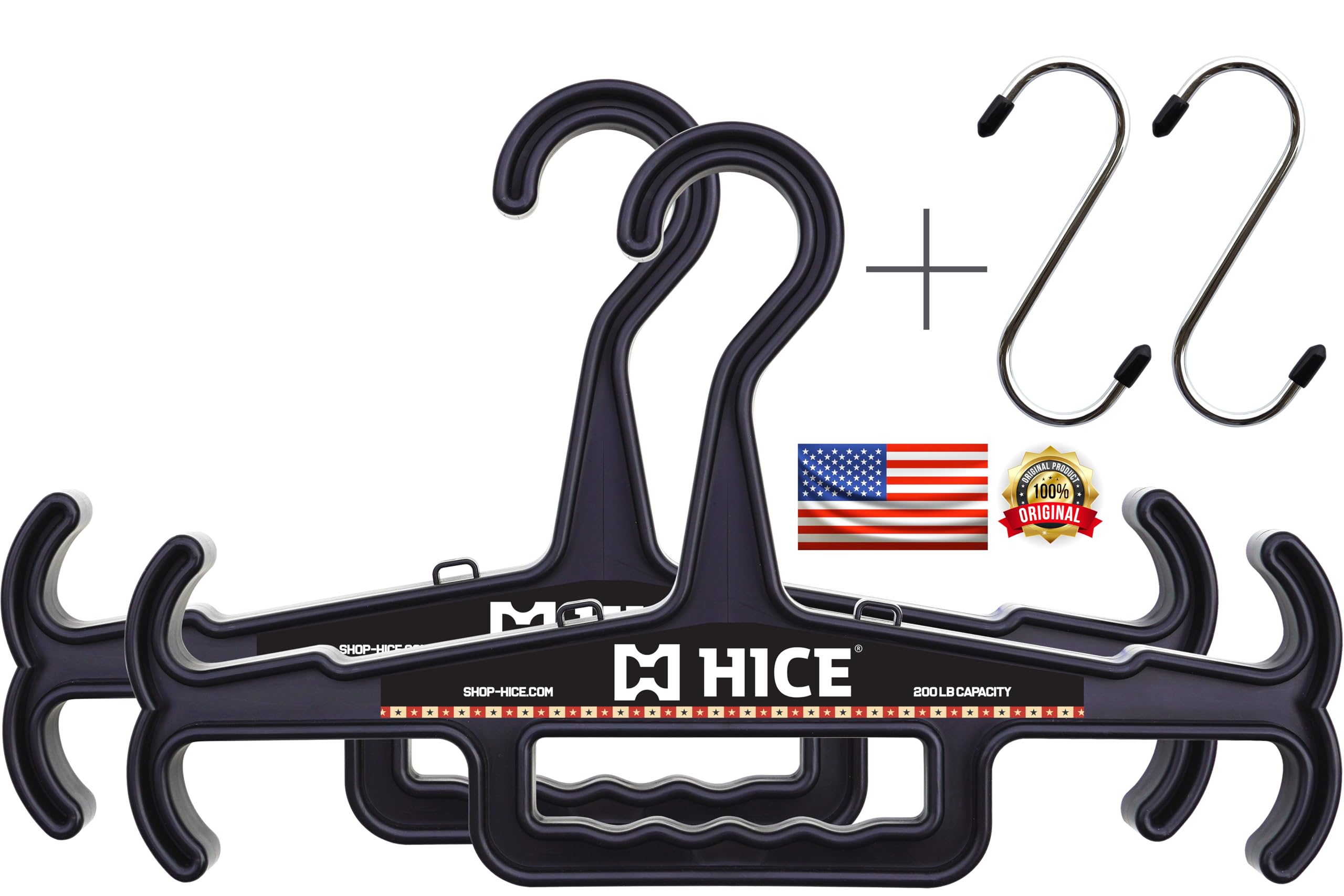 HICE Tactical Hanger | Set of 2 | Original Heavy Duty Standard Hanger | 200 lb Load Capacity | Durable High Impact Resin | for Body Armor, Police, Military Gear, Scuba, Survival Equipment (Black)