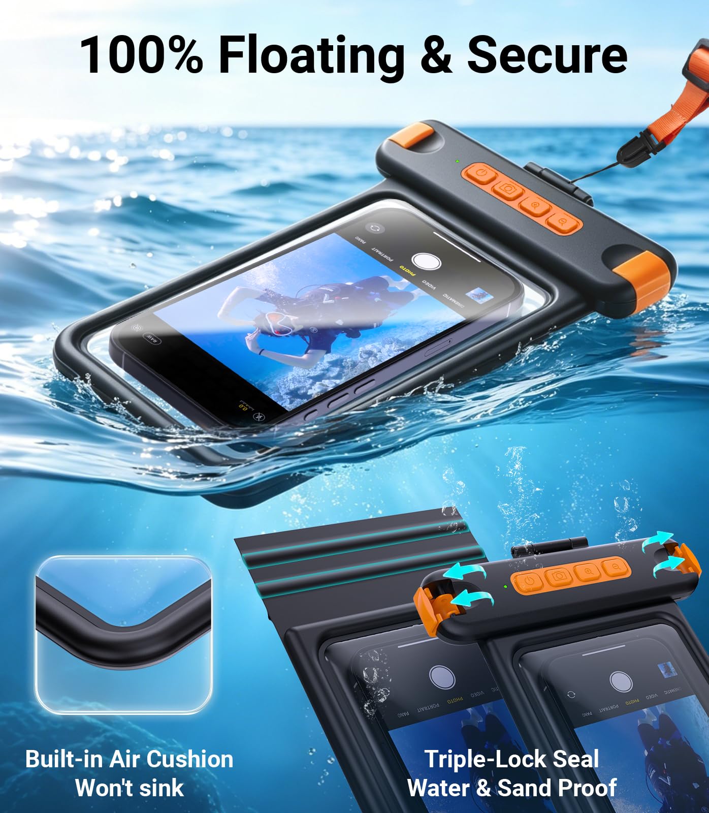 Custodia universale impermeabile IP68 con maniglia per otturatore, fotografia subacquea senza lag, per snorkeling e immersioni, adatta a telefoni da 8,5 pollici (iPhone 17 Pro Max, Galaxy S26