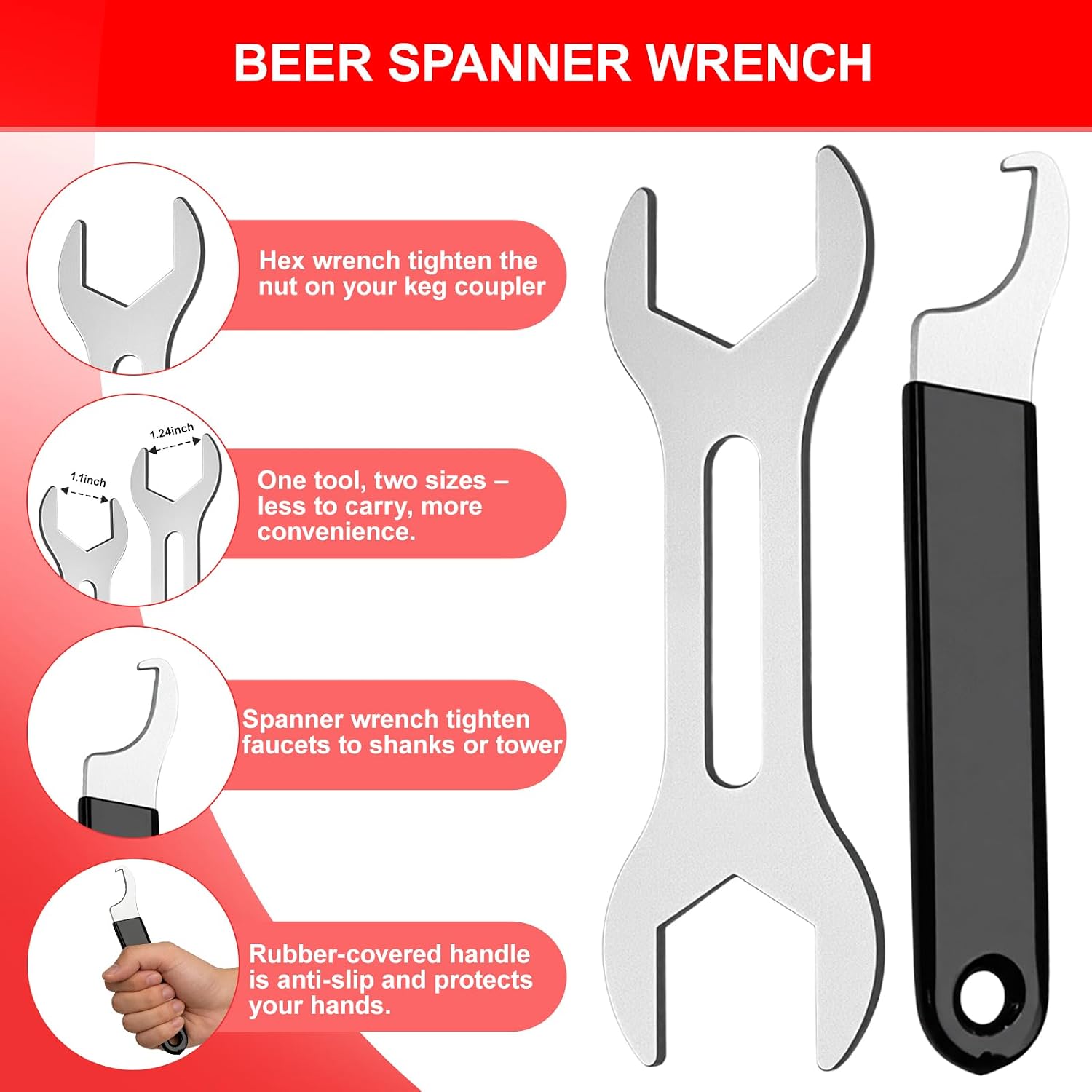 2-Piece Beer Faucet Wrench Set, Beer Tap Wrench Tool, Dual-Head Open End Wrench 1.1" & 1.24" and Hook Wrench 1.18" with Non-Slip Rubber Grip for Draft Beer Tap, Kegerator, Keg Coupler Maintenance image 3