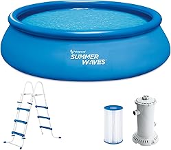 Summer Waves Quick Up Pool Komplettset | Rund 457x107 cm Blau | Aufstellpool Set | Gartenpool & Schwimmbecken inkl. Filterpumpe, Bodenvlies, Abdeckplane & Einstiegsleiter (457x457x107 cm)