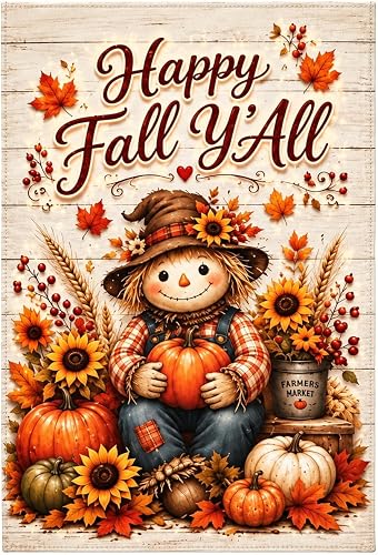 Happy Fall Y'all Garden Flag 12x18 Inch Cute Scarecrow Pumpkin Yard Flag