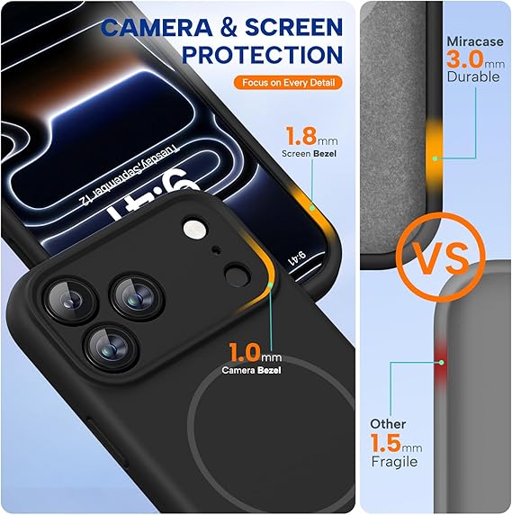 Miracase Magnetic for iPhone 17 Pro Max Case, Compatible with MagSafe, Integrated Silicone Camera Control Cover, 3.0mm Thicken Shockproof Drop Protection Phone Case for 17 ProMax, Black