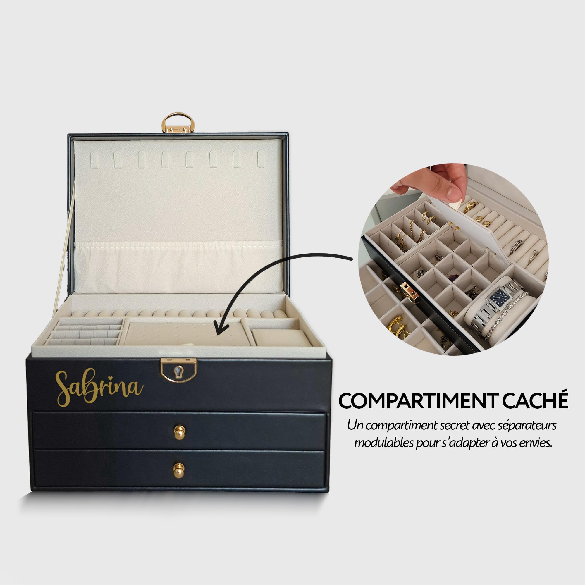 BS Boîte à bijoux pour femme et fille | Boîte à bijoux personnalisée avec prénom, pour cadeau - fête | Rangement bijoux verrouillable à clé, en cuir végan, organisateur bijoux (Noir)