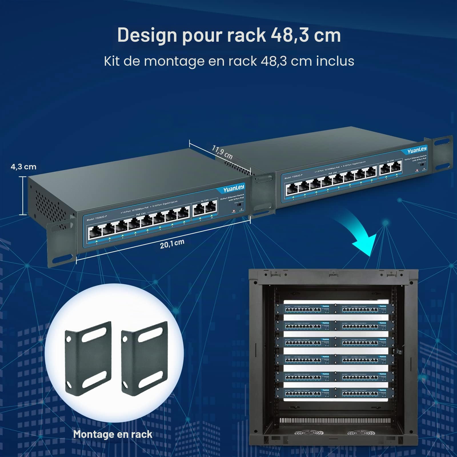 YuanLey 10 Port PoE Switch, 8 PoE+ Port 100Mbps, 2 Uplink Gigabit, 120W 802.3af/at, Étendre la Fonction, Metal Fanless Unmanaged