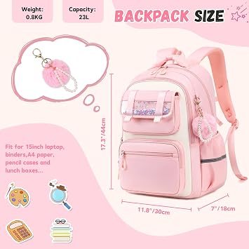 Backpack for Girls,Elementary Kids School Bag,Middle Students Teen Girls Backpack,Kawaii Book bag ages 6-12 Pink White