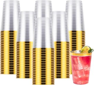 Goodluck 200PCS 12oz Gold Plastic Cups for Party, Disposable Gold Rim Cups