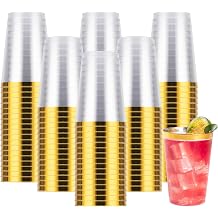 Goodluck 200 PCS 12 أوقية الذهب الكؤوس البلاستيكية للحزب، المتاح أكواب حافة الذهب، نظارات كوكتيل بلاستيكية لعيد الشكر الزفاف، عيد الميلاد، والحفلات
