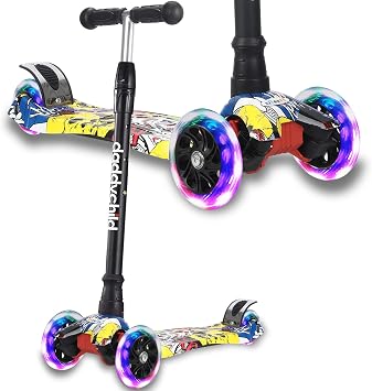 Kids Scooter 3 Wheel Kick Scooter for Toddlers, Girls, Boys, 4 Height Adjustable Tilt Extra Wide Deck Light Up Wheels for Kids Ages 3 to 14 Pop Graffiti 2