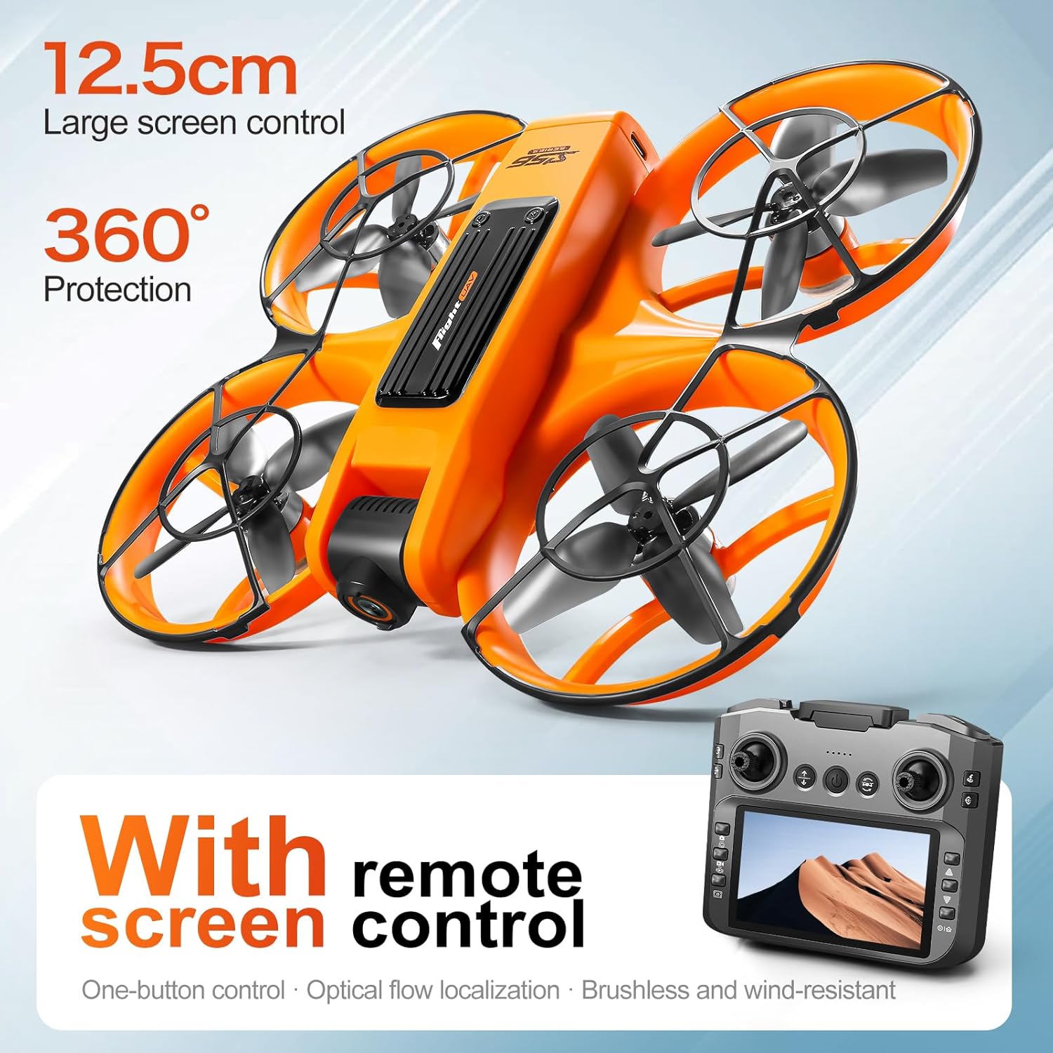 RC Drone With Screen On Controller (4.92in), UHD Dual Camera, Brushless Motor, Optical Flow Hovering, 360° Propeller Guard, 6-Axis Gyro, Headless Mode, One-Key Takeoff/Landing, 3-Speed Adjustable, 50X Zoom, Gesture Control, Trajectory Flight, Night LED, 2Batteries, 8GB Card, Beginner-Friendly FPV Remote Control Plane Copter Quadcopter (Orange)