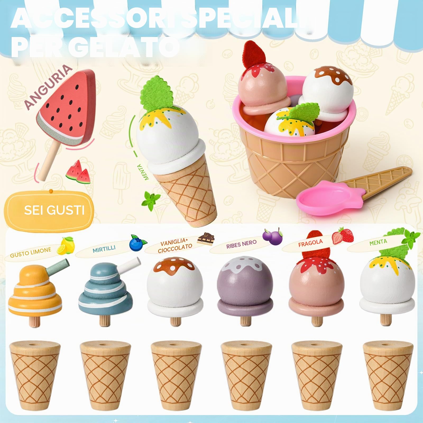 Atoylink Gelateria Giocattolo per Bambini, Giocattoli in Legno Carretto Gelati Giocattolo, Giochi Montessori per Bambini 3 4 5 Anni Regali di Compleanno Natale per Ragazzo Ragazze (Blu)