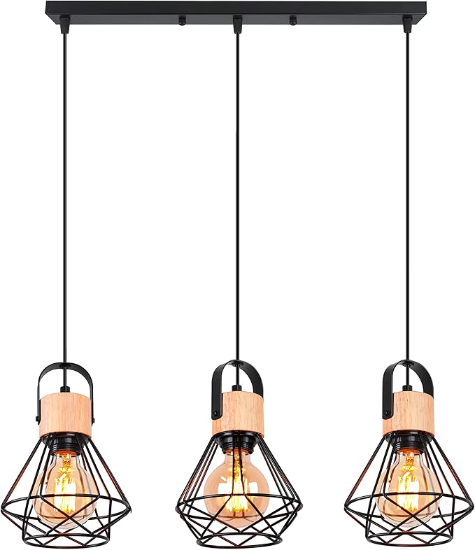 iDEGU iDEGU Hanglamp, industrieel, 3 lampen, 16 cm, vintage kroonluchter, hanglamp van ijzer en hout, retro, kooi, design, zwart, E27, plafondlamp voor woonkamer, slaapkamer, keuken, eetkamer (type stang)