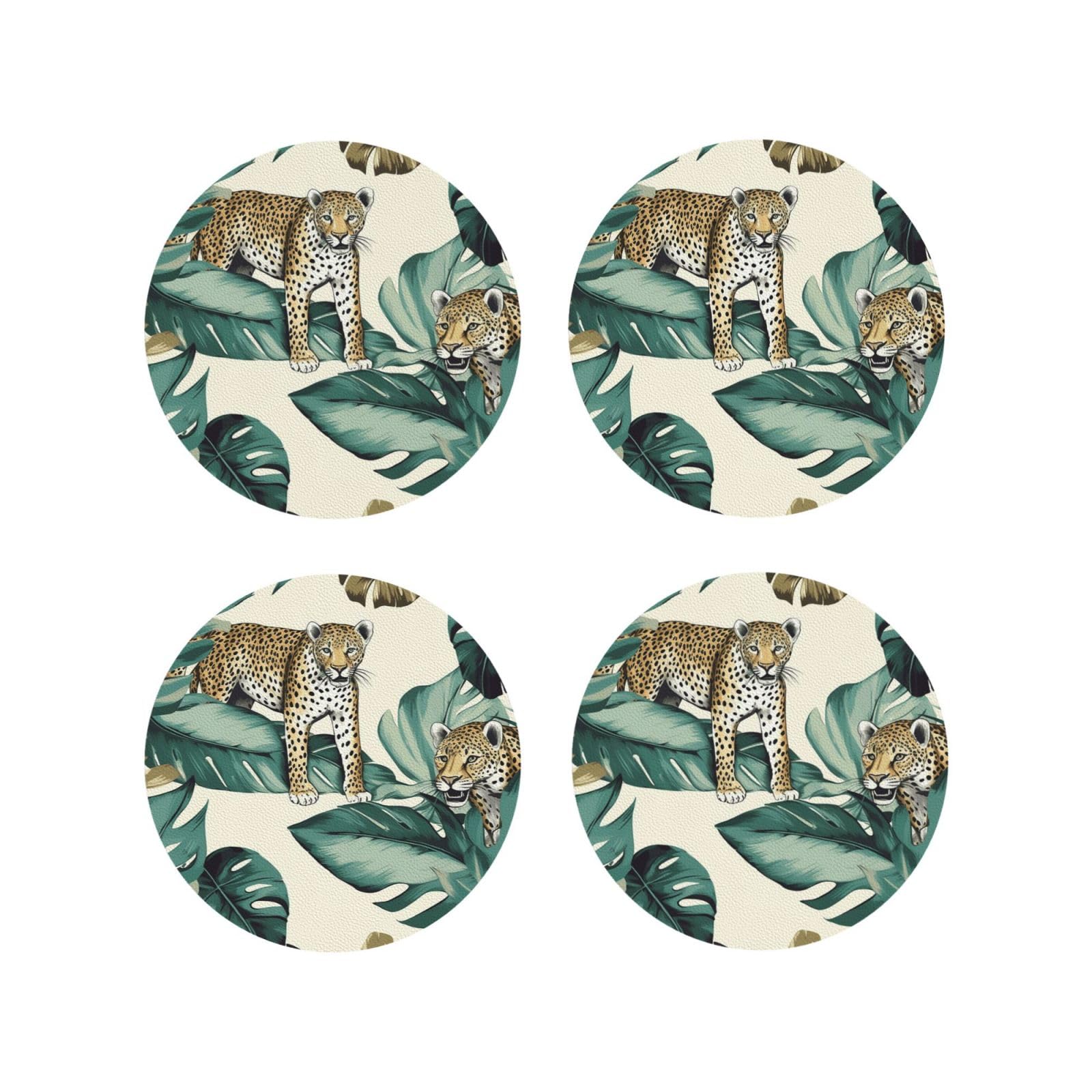 4Pcs PU Leather Coaster for Drinks, Leopard and Palm Leaves Cup Coastersr 4" Cup Mat Pad, Aesthetic Drink Coasters for Coffee Table, Round Shape Coaster for Tabletop Protection